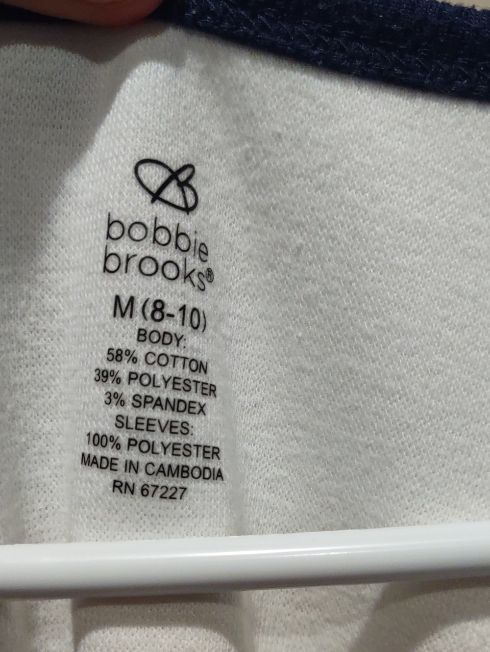 Bobbie Brooks White V-Neck Tee with Navy And Mint Green Sleeves Shoulders, M - Picture 2 of 6